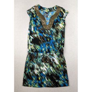 BISOU BISOU MICHELE BOHBOT - WOMEN'S GREEN BLUE PRINT STRETCH KNIT DRESS - 6